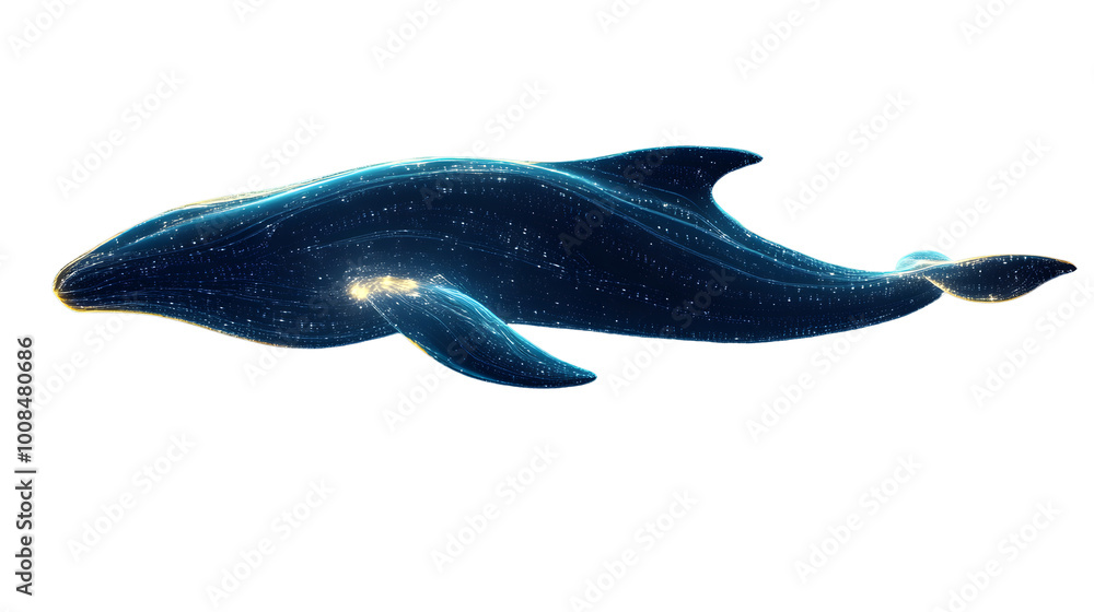 Poster abstract representation of a tech-savvy whale in dynamic blue tones featuring arched lines and a glo