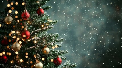 Festively Adorned Christmas Tree, a vibrant evergreen adorned with colorful ornaments, twinkling lights, and a star on top, creating a warm holiday ambiance in a cozy living space