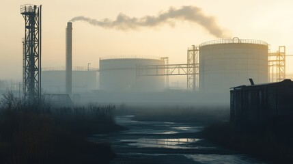 Obraz premium Fuel tank filled with mist, with the oil tank warehouse creating depth in the background.