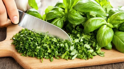 Chef cutting fresh herbs with a knife on a wooden board, finely chopping parsley and basil