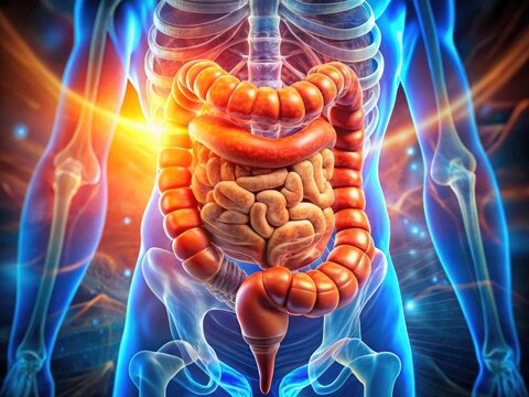 Detailed medical illustration of toxic megacolon highlighting symptoms and affected colon anatomy
