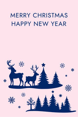 Merry Christmas and Happy New Year card with reindeer and trees