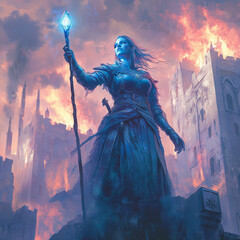 female air genasi mage in blue dress holds a glowing staff, her gaze commanding