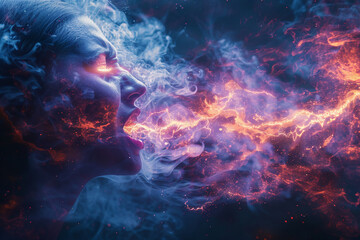Image of female face with smoke and sparks in purple light