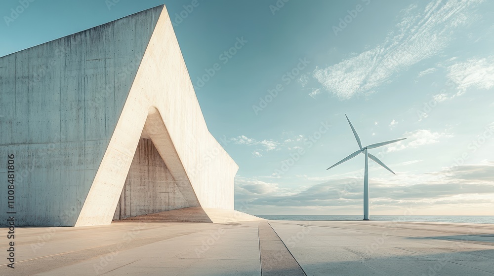 Poster modern wind turbine next to angular architecture