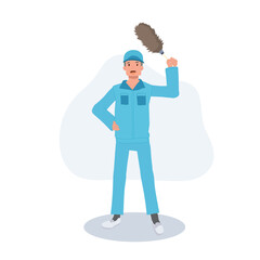 Male Cleaning Worker , janitor in Blue Uniform with Feather Duster.