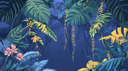 Lush tropical jungle foliage with vibrant green leaves and yellow flowers against a blue background.