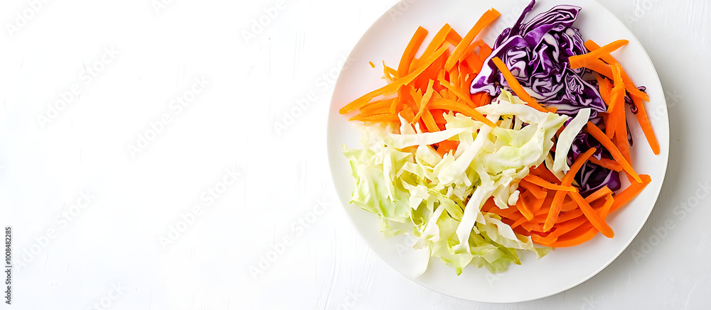Poster top view of freshly sliced cabbage and carrot on a white plate isolated on a white background with r
