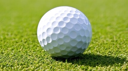 Obraz premium Close-up of a golf ball on a green grass field, ready for a perfect tee shot under a clear blue sky