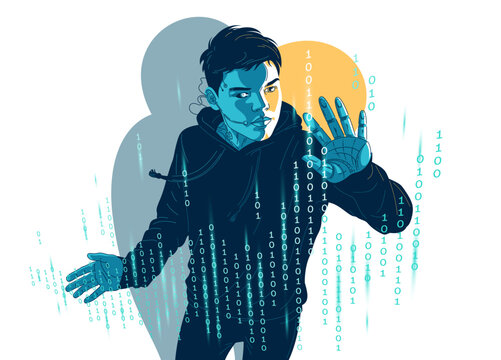 Teenager boy programmer editing digital code vector illustration, programming coder young man software development, virtual reality.
