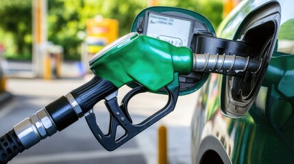 Close-up of an auto fuel nozzle at a gas station, representing refueling and car maintenance