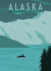 mountain and lake views in alaska, landscape poster illustration design.
