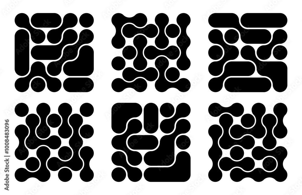 Wall mural set of background with black liquid connected circle dots.metaballs pattern on white. abstract geome