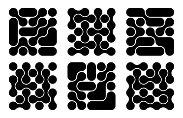 set of background with black liquid connected circle dots.metaballs pattern on white. abstract geometric shapes collection Point movement flat icon	