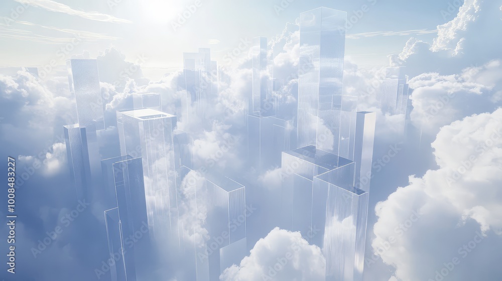 Poster glass city floating in the clouds, its structures gleaming in the sunlight, creating a complex dance