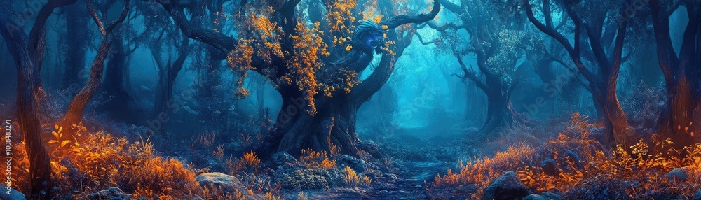 Poster enchanting twilight forest with vibrant foliage and mystical lighting, creating a magical atmosphere