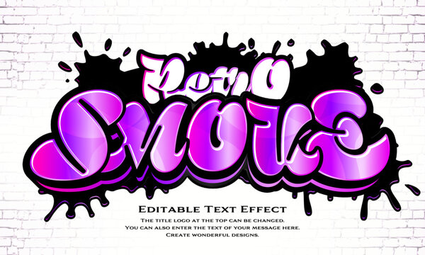 &rdquo;Smoke Retro&rdquo; editable graffiti title logo text style effect, with purple, pink gradient painted on a white brick wall. rounded sans,rounded sans serif,graffiti typeface