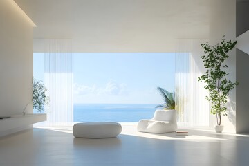 Modern interior with ocean view and minimalist design.