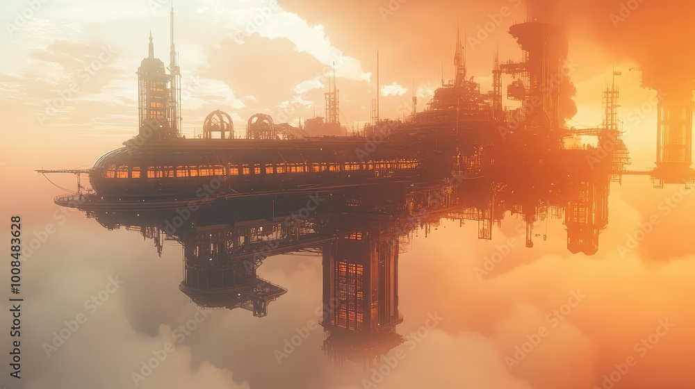 Poster glass city floating in the clouds, its structures gleaming in the sunlight, creating a complex dance