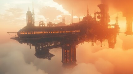 Glass city floating in the clouds, its structures gleaming in the sunlight, creating a complex dance of light and reflection.