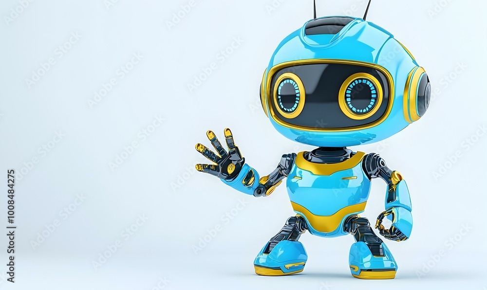 Poster cheerful 3d robot waving, a vibrant robot with colorful primary colors, exuding joy and friendliness