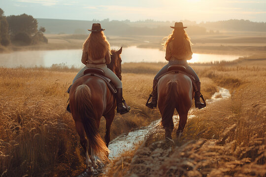 Generative AI photo realistic image, equitation lesson people connected with horses friends love