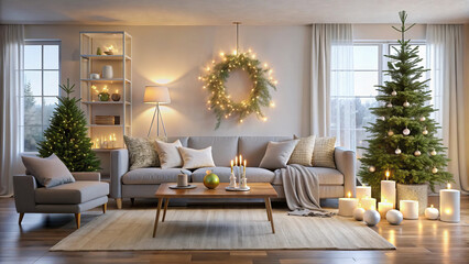 Cozy living room with Christmas decor, featuring trees and candles