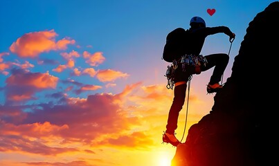 Fototapeta premium Summit Triumph, a climber conquers a peak, arms raised in victory, surrounded by breathtaking mountain vistas and clear blue skies.