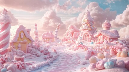 A whimsical candy land filled with pastel houses, sugary decorations, and fluffy clouds, perfect for imaginative adventures.