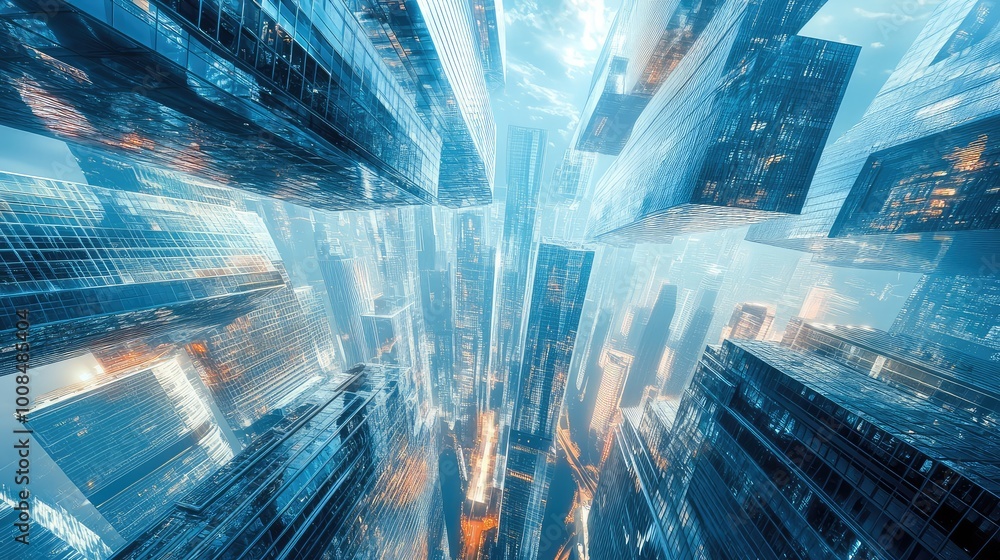 Aufkleber glass skyscrapers hover in mid-air, their surfaces refracting light, creating a luminous display in 
