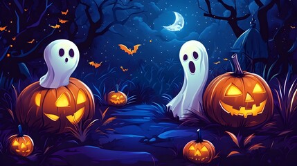 Enchanting Halloween Scene with Glowing Pumpkins Ghostly Figures and a Mystical Atmosphere