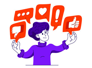 Young man is choosing between different reactions in social media, vector illustration of a person in doubt between different responses when communicating online.