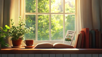 Cozy Window Sill with Books, Plants, and a Welcoming View
