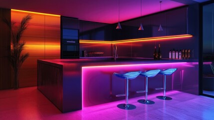 A sleek penthouse kitchen with neon under-cabinet lighting and vivid bar stools