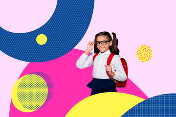 Creative poster collage of cute little girl smart student back school shopping concept unusual...