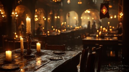 Cozy bustling fantasy tavern filled with adventurers, merchants, and creatures sharing stories, music, and merriment in a warm, inviting atmosphere.