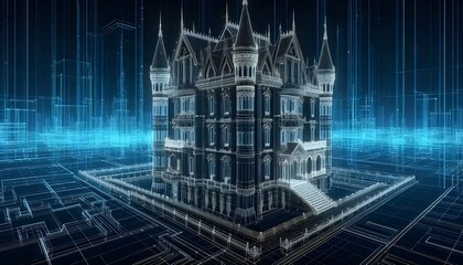 Glowing wireframe of castle architecture futuristic building.
