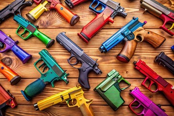 Diverse Collection of Air Pistols Displayed on a Wooden Table for Sport and Recreation Enthusiasts