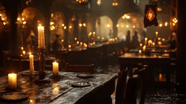 Cozy bustling fantasy tavern filled with adventurers, merchants, and creatures sharing stories, music, and merriment in a warm, inviting atmosphere.