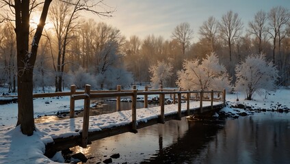 Naklejka premium A wooden bridge over a snowy stream, surrounded by trees covered in frost. Sunrise light.