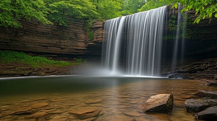 Majestic waterfall cascading down a rocky cliff into a calm pool surrounded by lush greenery.
