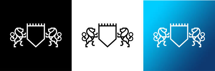 Luxury Lion crest heraldry logo. Elegant black heraldic shield icon. Premium brand identity emblem. Royal coat of arms company label symbol. Modern vector illustration.