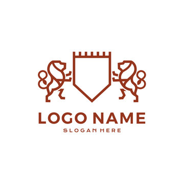 Luxury Lion crest heraldry logo. Elegant black heraldic shield icon. Premium brand identity emblem. Royal coat of arms company label symbol. Modern vector illustration.