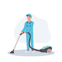 Happy Cartoon Janitor in Blue Uniform Vacuuming, Professional Male Cleaner Illustration for Housework or Commercial Cleaning Jobs