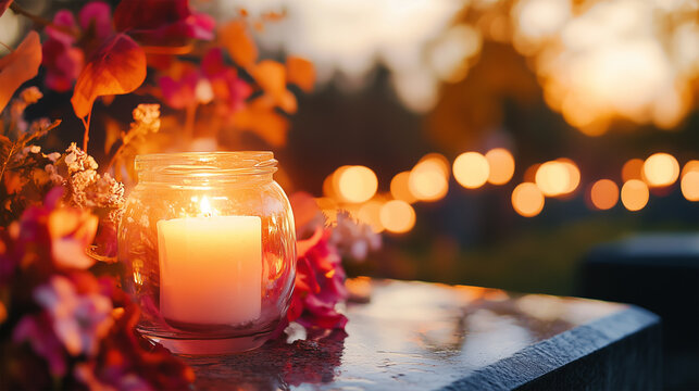 Votive Candle Illuminating Cemetery on All Saints' Day, All Souls' Day in Poland, Honoring Day of the Dead Memorial Tradition, Honoring the Dead on Graveyard.