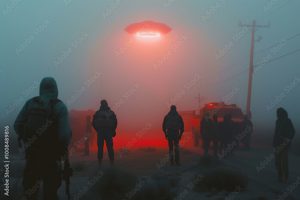 Poster mysterious ufo encounter and alien abduction with flying saucer generative ai