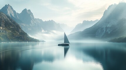 Serene lake with a sailboat amidst mountains.