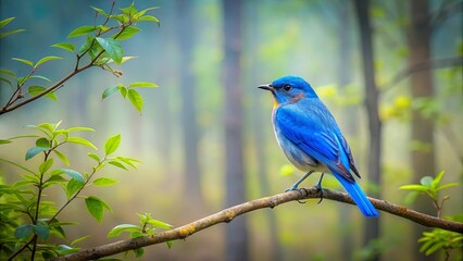 Obraz premium A vibrant blue bird perches on a slender branch, its plumage contrasting with the soft green foliage and blurred background.