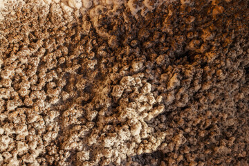 Salt and grit damp and forming clumps in grit bin separating into white and brown colors with rough surface