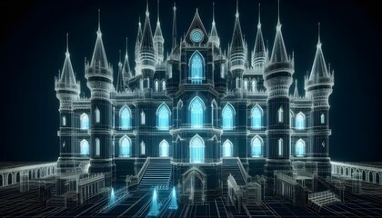Obraz premium Glowing wireframe of castle architecture futuristic building. 